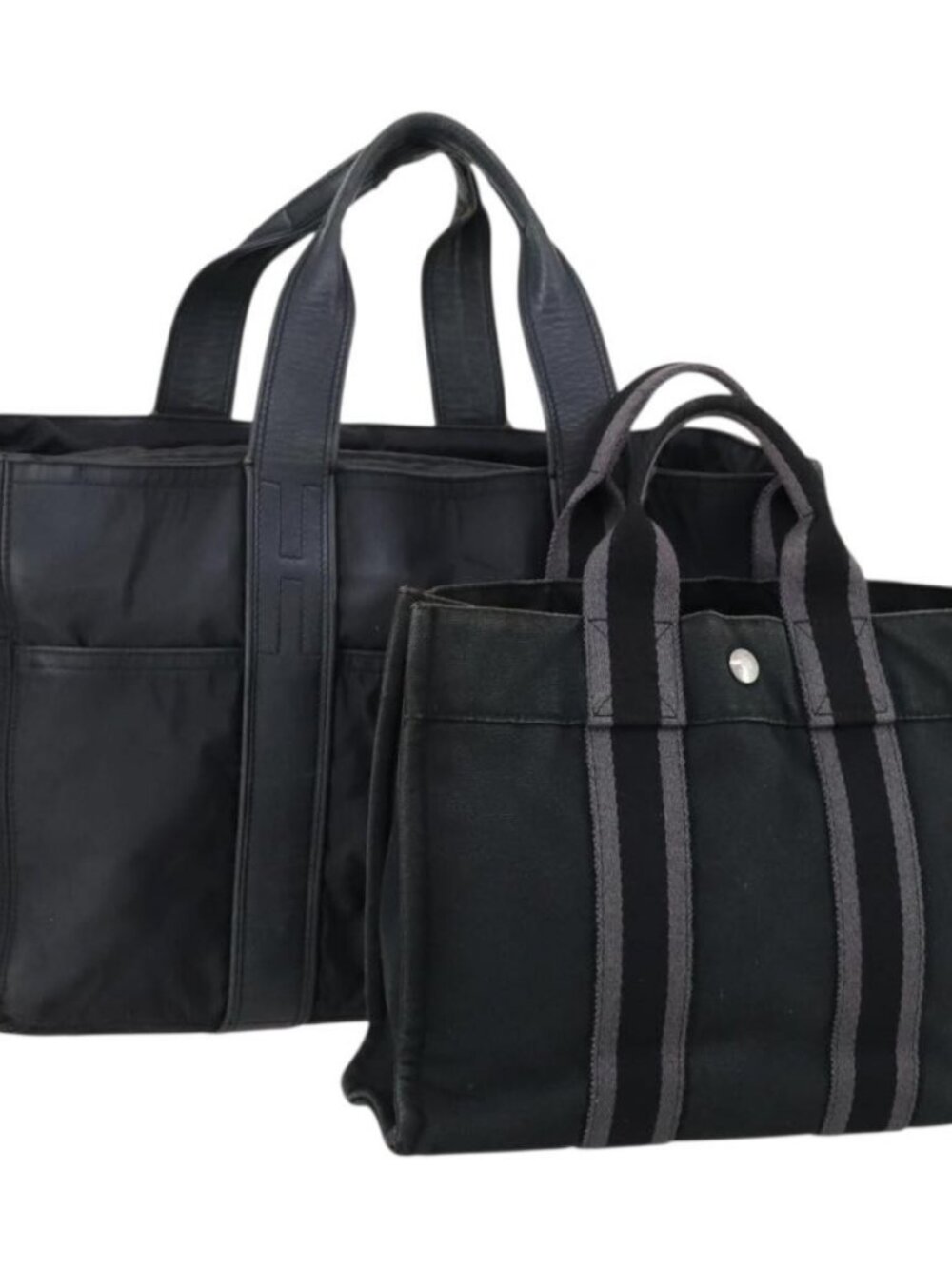 HERMES Tote Bag Canvas 2 Set Black Auth bs28801